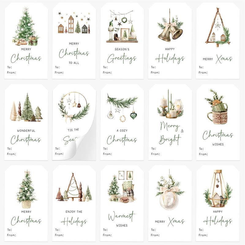 AUDREE 210 Pcs Boho Green Christmas Gift Tag Stickers – Self-Adhesive Rustic Watercolor Holiday Labels – Christmas Name Tags Label Stickers for Xmas Gifts Wrap Presents Box Envelope Decor - Image 1